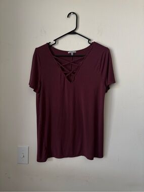 Charlotte Russe Maroon Crisscross V-Neck Short Sleeve Top